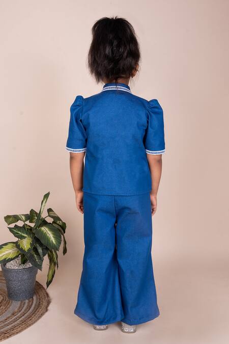 Shop_Toplove_Blue Denim Lace Floral Embellished Set _at_Aza_Fashions