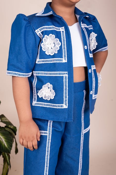 Toplove_Blue Denim Lace Floral Embellished Set _Online_at_Aza_Fashions