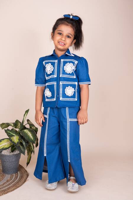 Buy_Toplove_Blue Denim Lace Floral Embellished Set _Online_at_Aza_Fashions