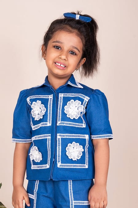 Toplove_Blue Denim Lace Floral Embellished Set _at_Aza_Fashions