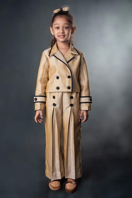 Toplove Gold Cotton, Satin Piping Double Breasted Blazer Pant Set Online at Aza Fashions Toplove_Gold Cotton, Satin Piping Double Breasted Blazer Pant Set _Online_at_Aza_Fashions