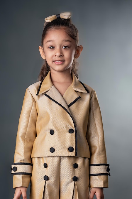 Buy Toplove Gold Cotton, Satin Piping Double Breasted Blazer Pant Set Online at Aza Fashions Buy_Toplove_Gold Cotton, Satin Piping Double Breasted Blazer Pant Set _Online_at_Aza_Fashions