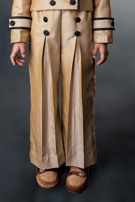Shop Toplove Gold Cotton, Satin Piping Double Breasted Blazer Pant Set Online at Aza Fashions Shop_Toplove_Gold Cotton, Satin Piping Double Breasted Blazer Pant Set _Online_at_Aza_Fashions