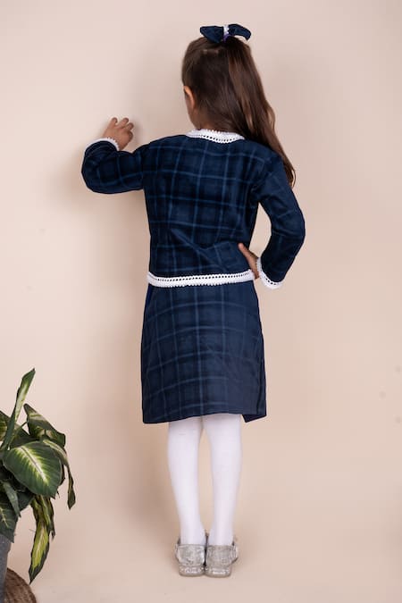 Shop Toplove Blue Corduroy Lace, Pearls Checkered Jacket And Divider Skirt at Aza Fashions Shop_Toplove_Blue Corduroy Lace, Pearls Checkered Jacket And Divider Skirt_at_Aza_Fashions