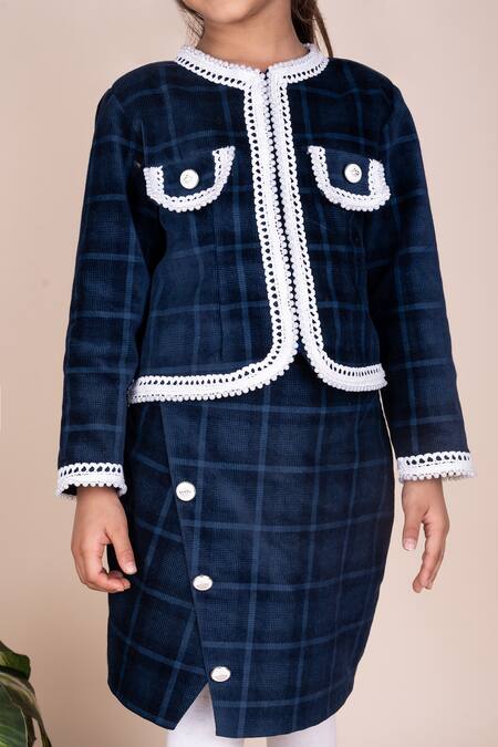 Toplove Blue Corduroy Lace, Pearls Checkered Jacket And Divider Skirt Online at Aza Fashions Toplove_Blue Corduroy Lace, Pearls Checkered Jacket And Divider Skirt_Online_at_Aza_Fashions