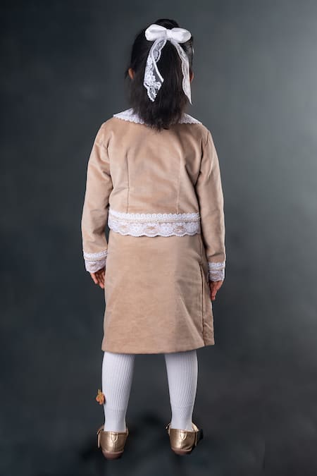 Shop Toplove Beige Corduroy Pearls, Lace Vintage Jacket And Skirt Set at Aza Fashions Shop_Toplove_Beige Corduroy Pearls, Lace Vintage Jacket And Skirt Set _at_Aza_Fashions