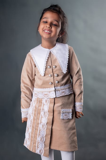 Toplove Beige Corduroy Pearls, Lace Vintage Jacket And Skirt Set Online at Aza Fashions Toplove_Beige Corduroy Pearls, Lace Vintage Jacket And Skirt Set _Online_at_Aza_Fashions