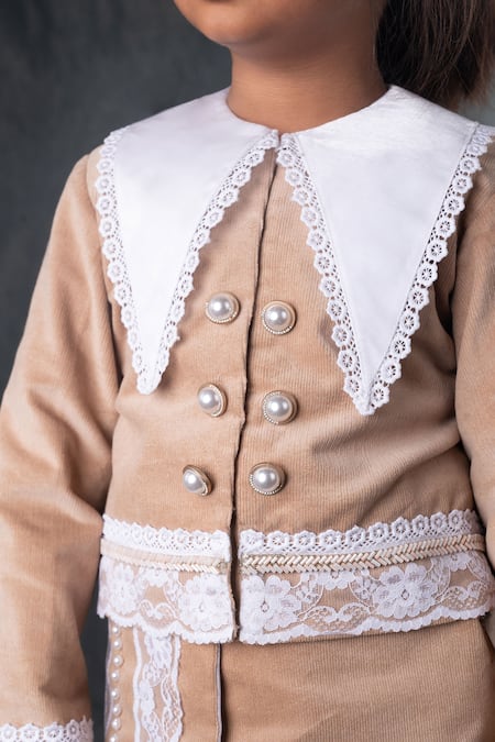 Buy Toplove Beige Corduroy Pearls, Lace Vintage Jacket And Skirt Set Online at Aza Fashions Buy_Toplove_Beige Corduroy Pearls, Lace Vintage Jacket And Skirt Set _Online_at_Aza_Fashions