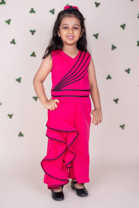 Toplove_Pink Neoprene, Cotton Lace Embellished Jumpsuit And Cape Set _Online_at_Aza_Fashions