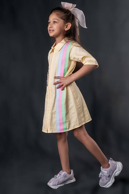 Toplove_Yellow Cotton Sequins Butterfly Patchwork Shirt Dress _Online_at_Aza_Fashions