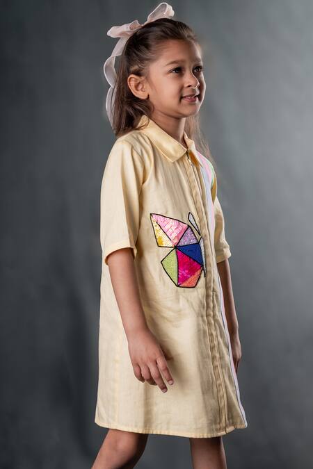 Buy_Toplove_Yellow Cotton Sequins Butterfly Patchwork Shirt Dress _Online_at_Aza_Fashions