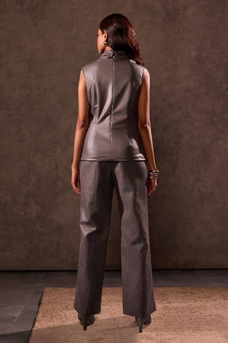 Tara And I Grey Faux Leather Draped Top 