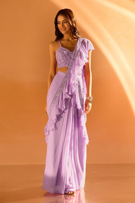 Shop Samyukta Singhania Purple Georgette Sequins, Beads V-neck Ruffle Hem Pre-draped Saree With Blouse at Aza Fashions Shop_Samyukta Singhania_Purple Georgette Sequins, Beads V-neck Ruffle Hem Pre-draped Saree With Blouse _at_Aza_Fashions