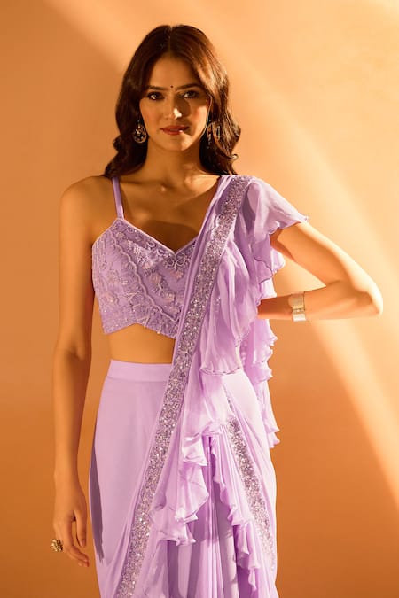 Samyukta Singhania Purple Georgette Sequins, Beads V-neck Ruffle Hem Pre-draped Saree With Blouse Online at Aza Fashions Samyukta Singhania_Purple Georgette Sequins, Beads V-neck Ruffle Hem Pre-draped Saree With Blouse _Online_at_Aza_Fashions