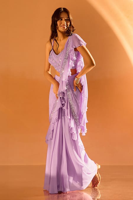 Buy Samyukta Singhania Purple Georgette Sequins, Beads V-neck Ruffle Hem Pre-draped Saree With Blouse Online at Aza Fashions Buy_Samyukta Singhania_Purple Georgette Sequins, Beads V-neck Ruffle Hem Pre-draped Saree With Blouse _Online_at_Aza_Fashions