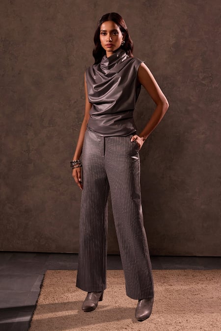 Tara And I_Gray Faux Leather Cowl Neck Grey Draped Top _Online_at_Aza_Fashions