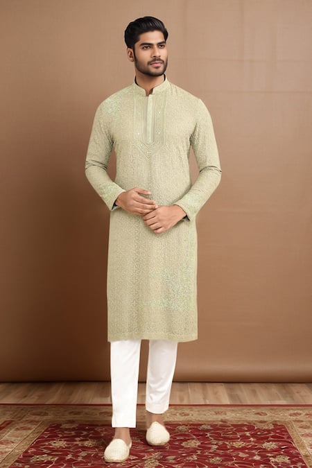 Kalighata Green Embroidery Olive Kurta Set