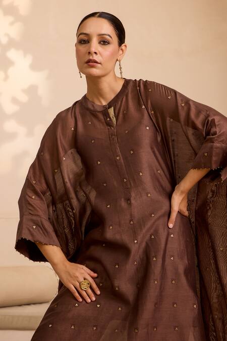 Buy Label Mansi Nagdev Brown Chanderi Sequins Mandarin Collar Asymmetric Kurta Set Online at Aza Fashions Buy_Label Mansi Nagdev_Brown Chanderi Sequins Mandarin Collar Asymmetric Kurta Set_Online_at_Aza_Fashions
