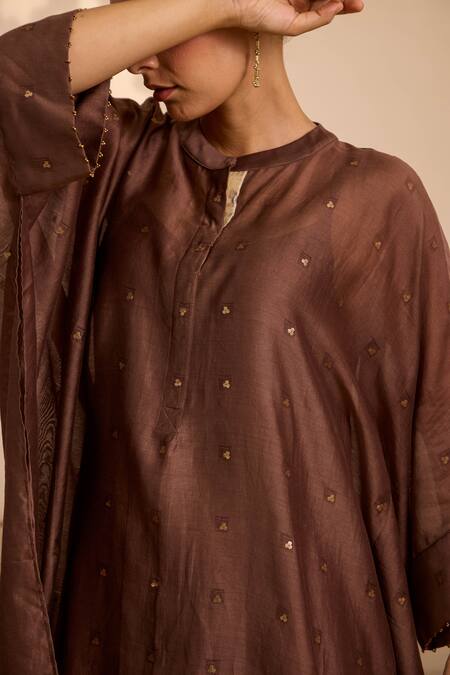 Shop Label Mansi Nagdev Brown Chanderi Sequins Mandarin Collar Asymmetric Kurta Set Online at Aza Fashions Shop_Label Mansi Nagdev_Brown Chanderi Sequins Mandarin Collar Asymmetric Kurta Set_Online_at_Aza_Fashions