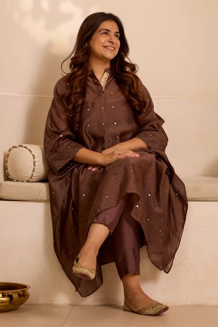 Buy Label Mansi Nagdev Brown Chanderi Sequins Mandarin Collar Asymmetric Kurta Set Buy_Label Mansi Nagdev_Brown Chanderi Sequins Mandarin Collar Asymmetric Kurta Set