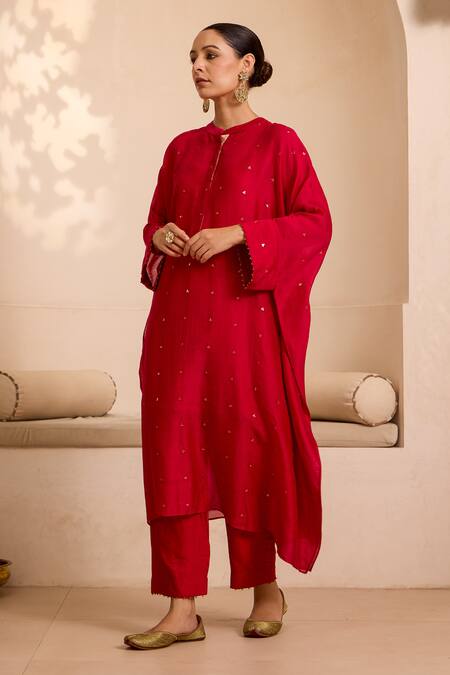 Label Mansi Nagdev Red Asymmetric Sequin Embroidered Kurta Set 