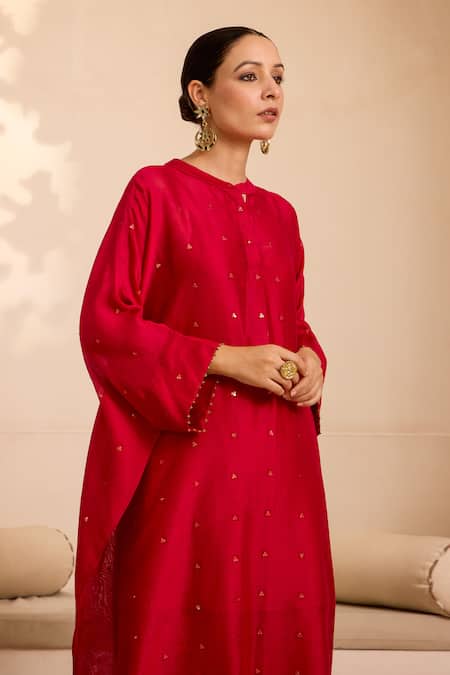 Label Mansi Nagdev Red Chanderi Sequins Mandarin Collar Asymmetric Embroidered Kurta Set Online at Aza Fashions Label Mansi Nagdev_Red Chanderi Sequins Mandarin Collar Asymmetric Embroidered Kurta Set_Online_at_Aza_Fashions
