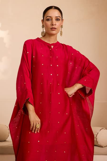 Buy Label Mansi Nagdev Red Chanderi Sequins Mandarin Collar Asymmetric Embroidered Kurta Set Online at Aza Fashions Buy_Label Mansi Nagdev_Red Chanderi Sequins Mandarin Collar Asymmetric Embroidered Kurta Set_Online_at_Aza_Fashions