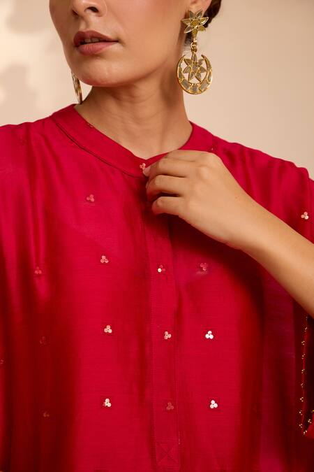 Shop Label Mansi Nagdev Red Chanderi Sequins Mandarin Collar Asymmetric Embroidered Kurta Set Online at Aza Fashions Shop_Label Mansi Nagdev_Red Chanderi Sequins Mandarin Collar Asymmetric Embroidered Kurta Set_Online_at_Aza_Fashions