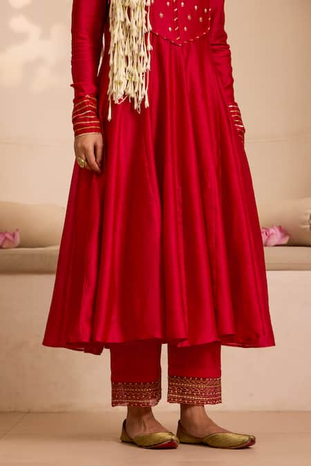 Label Mansi Nagdev_Red Chanderi Gota Patti, Zari, Embroidery Collared Hand Anarkali Pant Set _Online_at_Aza_Fashions