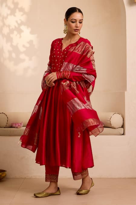 Shop_Label Mansi Nagdev_Red Chanderi Gota Patti, Zari, Embroidery Collared Hand Anarkali Pant Set _Online_at_Aza_Fashions