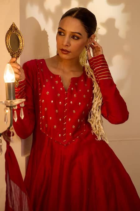 Label Mansi Nagdev_Red Chanderi Gota Patti, Zari, Embroidery Collared Hand Anarkali Pant Set _at_Aza_Fashions