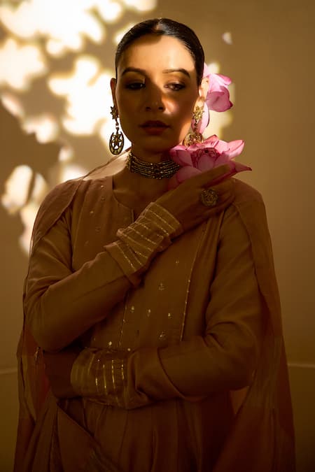 Shop Label Mansi Nagdev Pink Chanderi Gota Patti, Zari, Embroidery V-neck Hand Anarkali Set Online at Aza Fashions Shop_Label Mansi Nagdev_Pink Chanderi Gota Patti, Zari, Embroidery V-neck Hand Anarkali Set _Online_at_Aza_Fashions