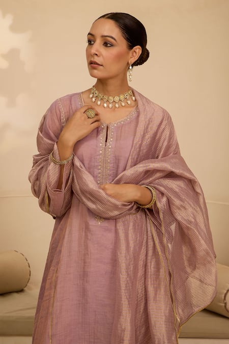 Shop_Label Mansi Nagdev_Purple Chanderi Embroidery Round Neck Floral Hand Kurta Pant Set _Online_at_Aza_Fashions