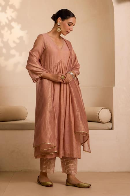Buy_Label Mansi Nagdev_Pink Chanderi Embroidery, Zari V-neck Hand Anarkali Pant Set _Online_at_Aza_Fashions