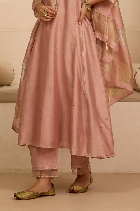 Label Mansi Nagdev_Pink Chanderi Zari Round Neck A-line Embroidered Kurta Pant Set _Online_at_Aza_Fashions
