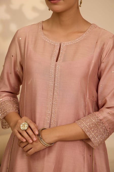 Buy_Label Mansi Nagdev_Pink Chanderi Zari Round Neck A-line Embroidered Kurta Pant Set _Online_at_Aza_Fashions