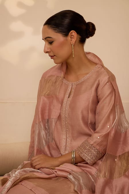 Shop_Label Mansi Nagdev_Pink Chanderi Zari Round Neck A-line Embroidered Kurta Pant Set _Online_at_Aza_Fashions
