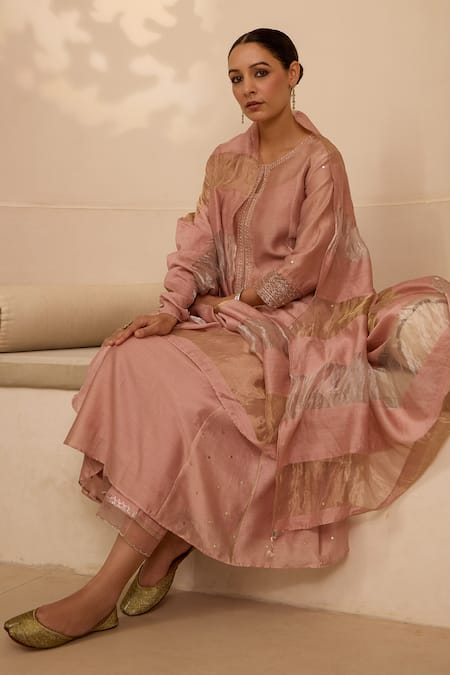 Label Mansi Nagdev_Pink Chanderi Zari Round Neck A-line Embroidered Kurta Pant Set _at_Aza_Fashions