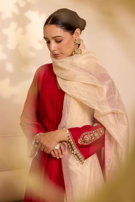 Label Mansi Nagdev_Red Embroidery, Sequins V-neck A-line Kurta Set With Dupatta _at_Aza_Fashions