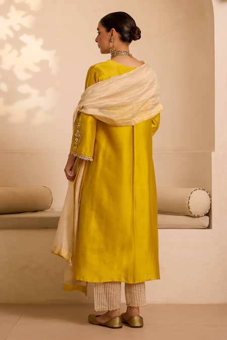 Label Mansi Nagdev Yellow Chanderi Hand Embroidered Kurta Set 