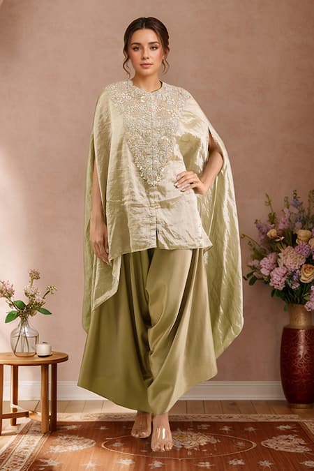 Prisho Floral Yoke Embroidered Kaftan & Draped Pant Set 