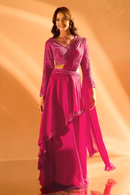 Samyukta Singhania_Pink Satin Sequins, Beads Placement Embroidered Pre-draped Saree With Blouse _Online_at_Aza_Fashions