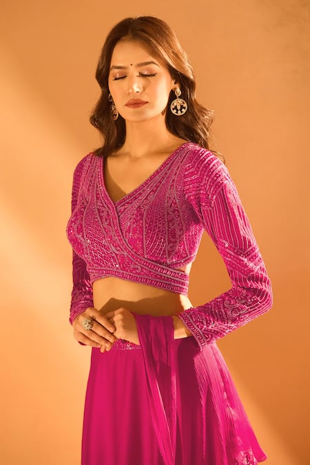 Shop_Samyukta Singhania_Pink Satin Sequins, Beads Placement Embroidered Pre-draped Saree With Blouse _Online_at_Aza_Fashions