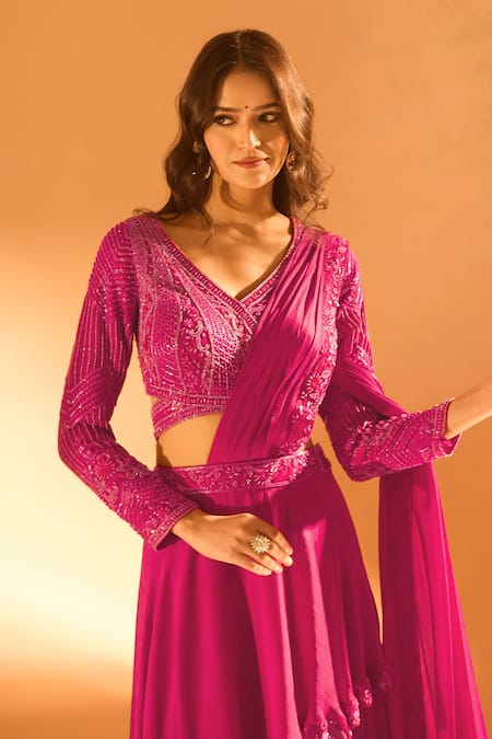 Samyukta Singhania_Pink Satin Sequins, Beads Placement Embroidered Pre-draped Saree With Blouse _at_Aza_Fashions