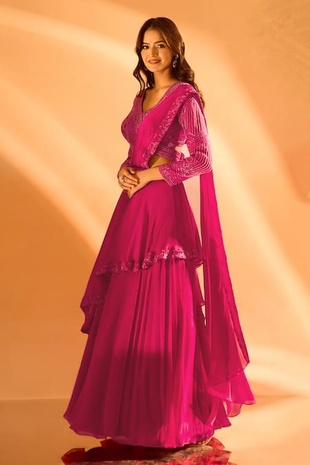Shop_Samyukta Singhania_Pink Satin Sequins, Beads Placement Embroidered Pre-draped Saree With Blouse 