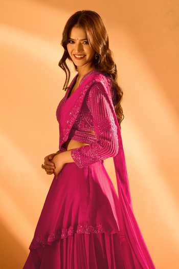Shop_Samyukta Singhania_Pink Satin Sequins, Beads Placement Embroidered Pre-draped Saree With Blouse 