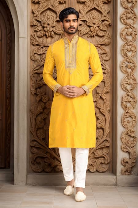 Kalighata Yellow Chanderi Embroidery Floral Mustard Cutdana Kurta Set