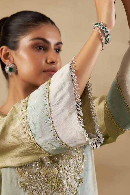 Shop Shalkii Green Silk, Handloom Cotton Cut Work, Floral Zardozi Embroidered Kurta Set at Aza Fashions Shop_Shalkii_Green Silk, Handloom Cotton Cut Work, Floral Zardozi Embroidered Kurta Set _at_Aza_Fashions