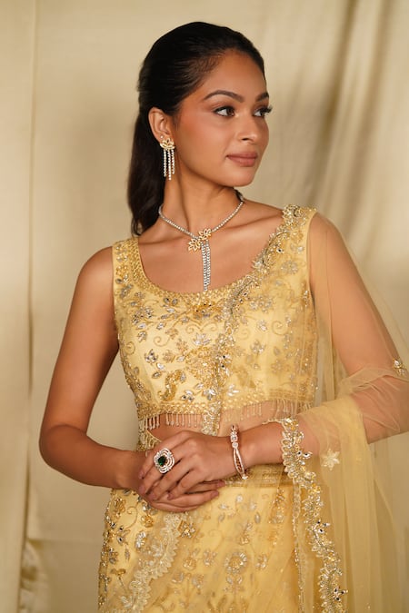 Mehak Murpana_Gold Net, Linen Beads, Sequins, Cut Work Cutdana Embroidered Fishcut Lehenga Set _Online_at_Aza_Fashions