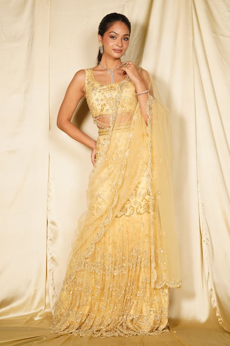 Shop_Mehak Murpana_Gold Net, Linen Beads, Sequins, Cut Work Cutdana Embroidered Fishcut Lehenga Set _Online_at_Aza_Fashions
